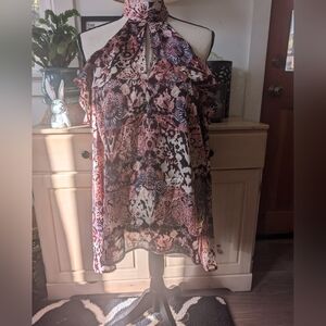 Belle Sky Floral Halter Neck Blouse - Pink and Black